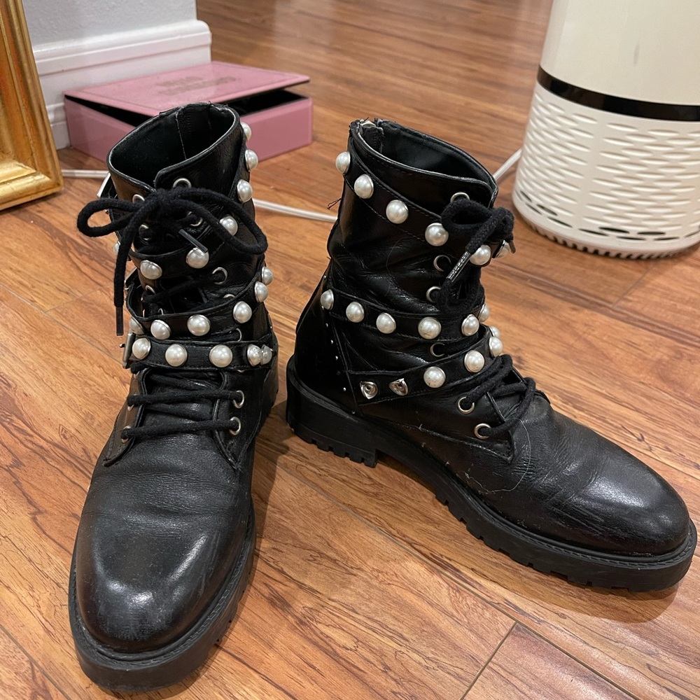 Zara real leather pearl combat boots